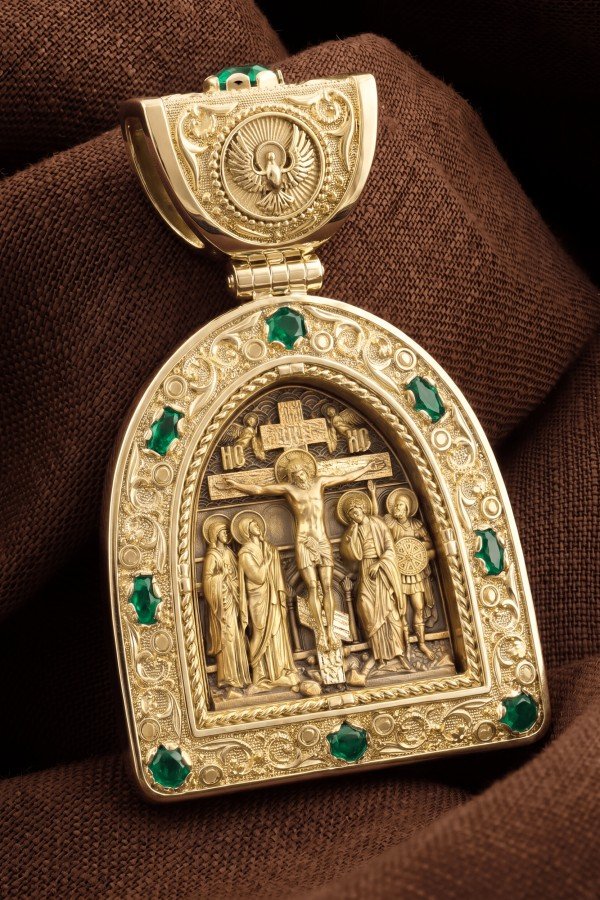 Образок из лимонного золота c эмалью и хризопразом