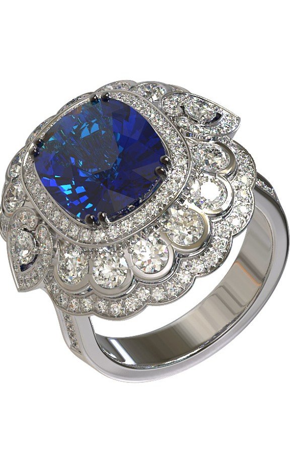 Кольцо из белого золота c бриллиантами и сапфиром