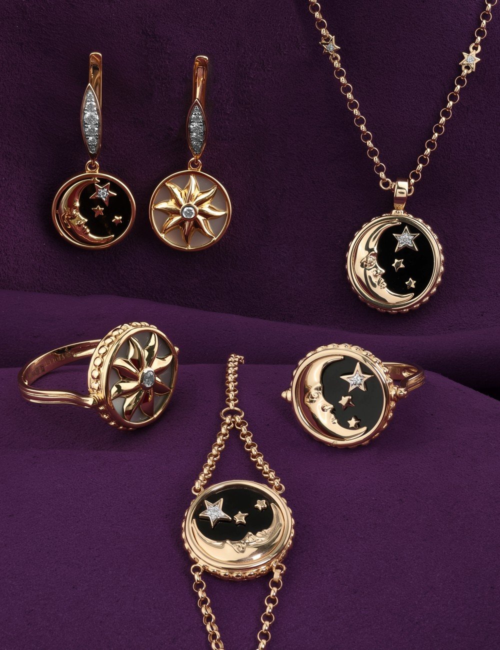 Колье из золота c бриллиантами, ониксом и перламутром