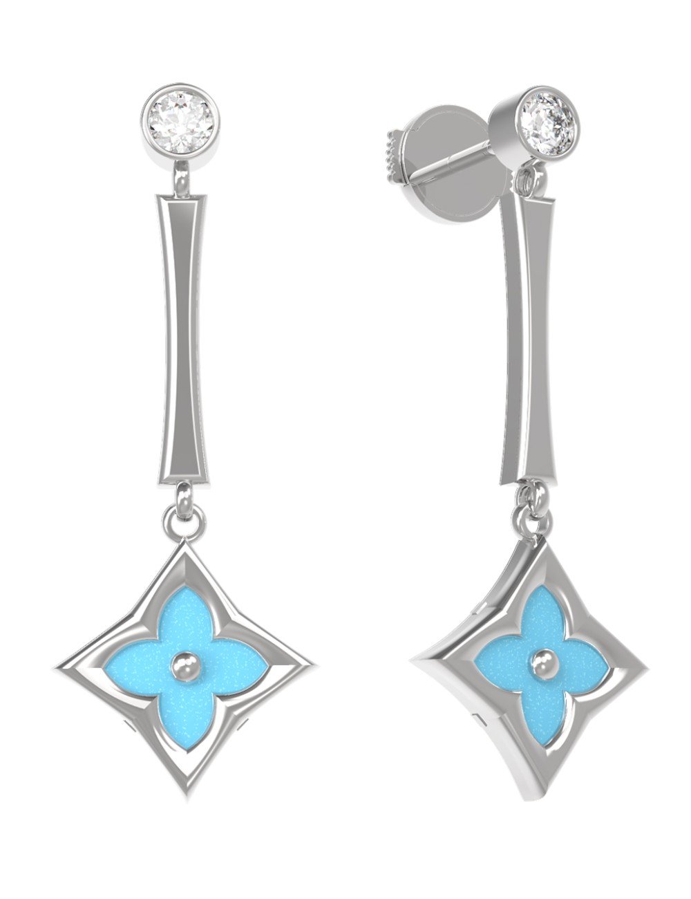 Серьги из белого золота c фианитом и бирюзой