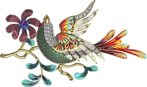 Брошь из лимонного золота c эмалью и фианитом