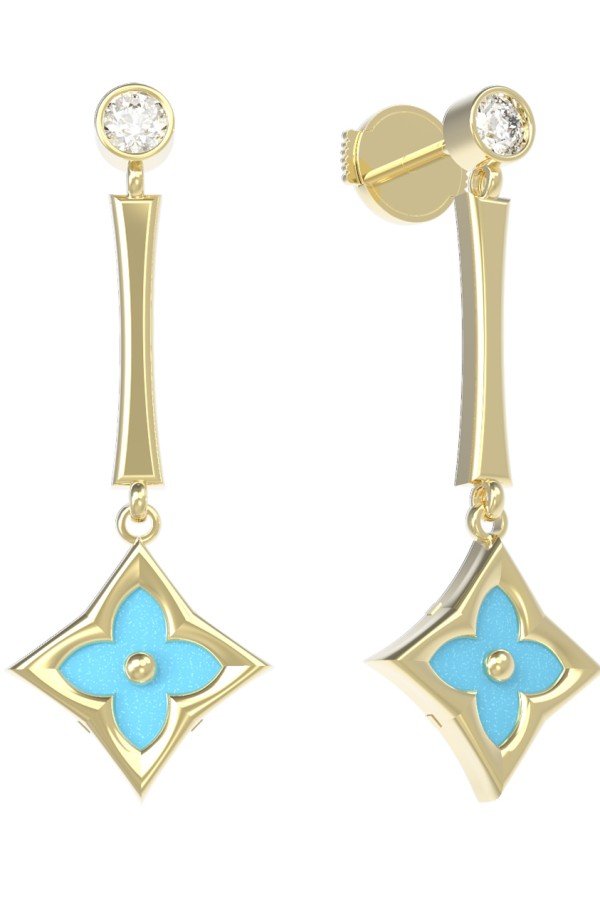Серьги из лимонного золота c фианитом и бирюзой