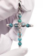 Крест из белого золота c жемчугом и бирюзой