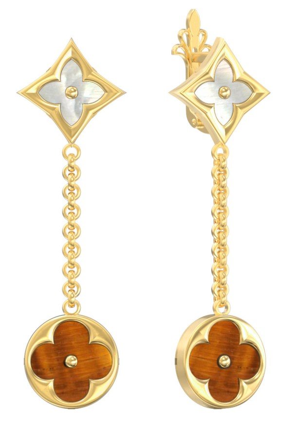 Серьги из лимонного золота c тигровым глазом и перламутром