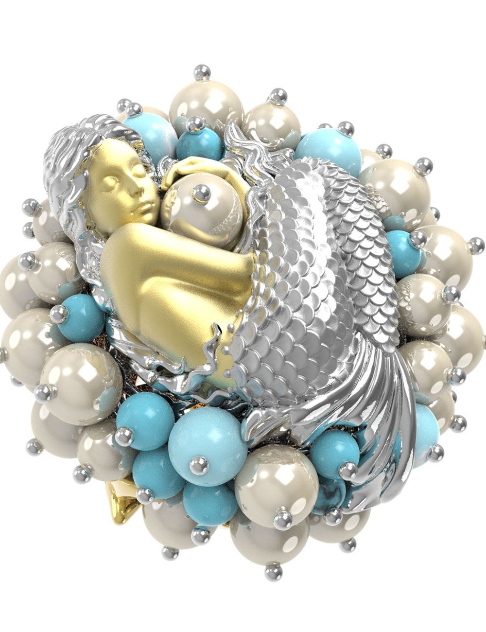 Кольцо из лимонного золота c жемчугом и бирюзой