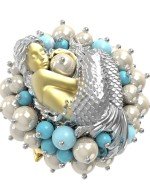 Кольцо из лимонного золота c жемчугом и бирюзой