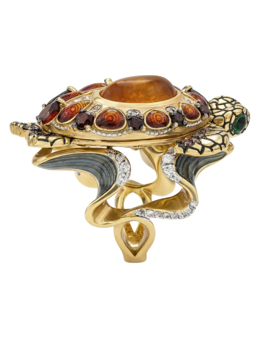 Кольцо из лимонного золота c эмалью, фианитом, гранатом и янтарём