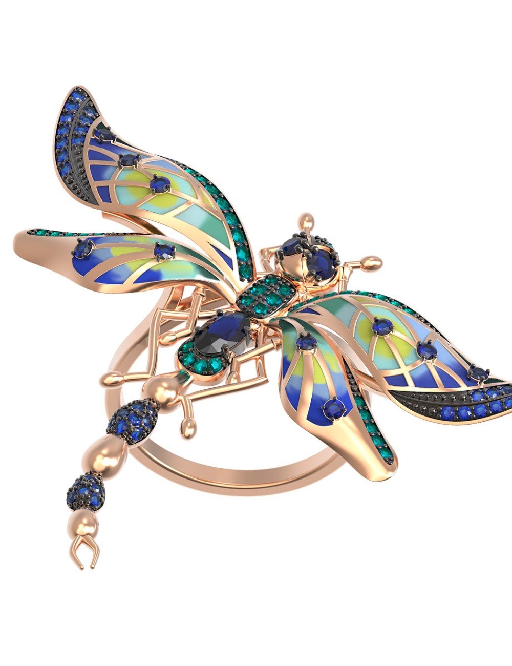 Кольцо из золота c фианитом, сапфиром и эмалью