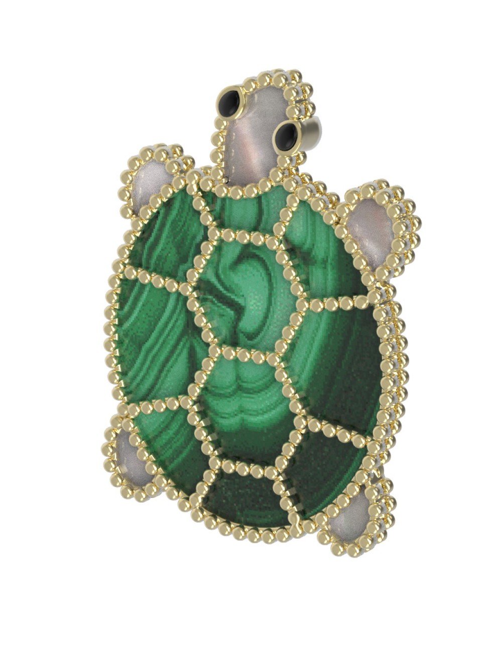 Брошь из лимонного золота c эмалью, малахитом и перламутром