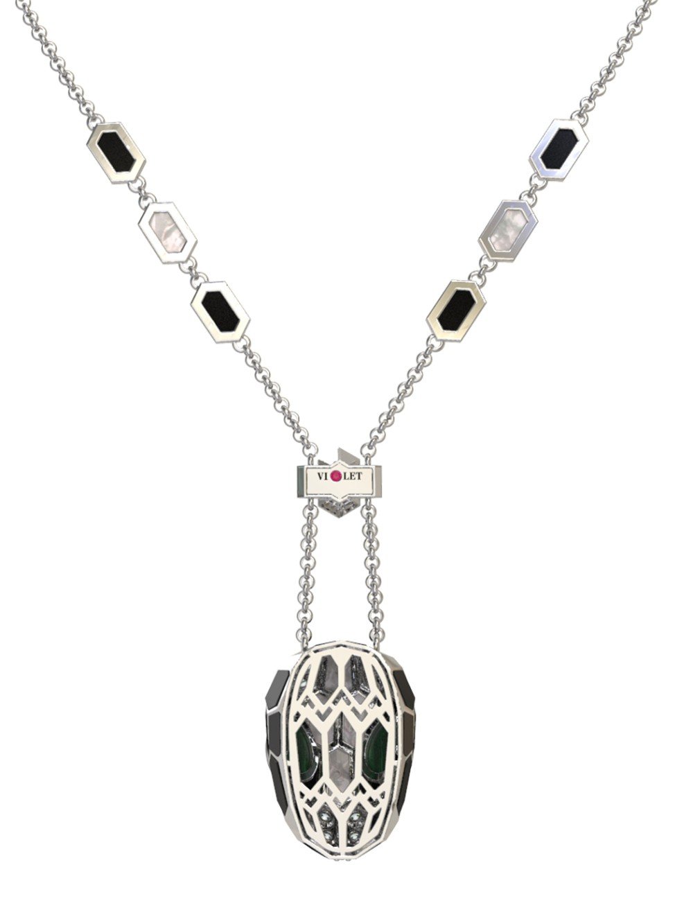 Колье из белого золота c бриллиантами, рубином, ониксом, малахитом и перламутром