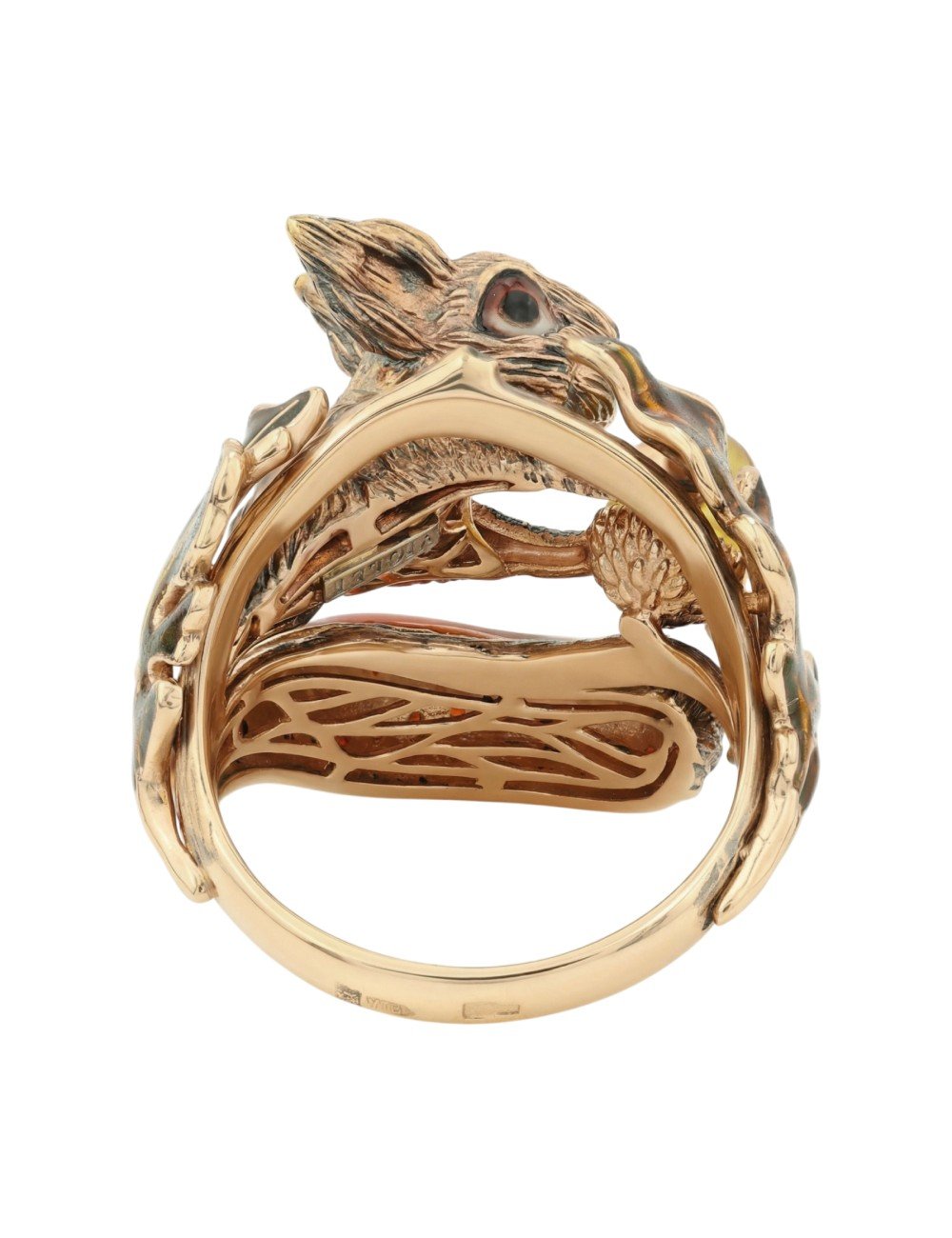 Кольцо из золота c эмалью, гранатом и янтарём