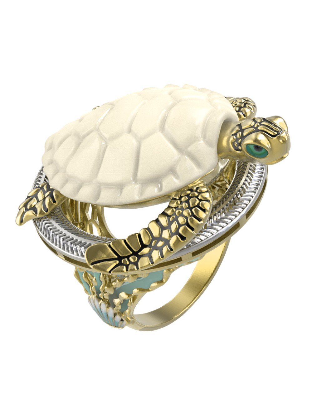 Кольцо из лимонного золота c эмалью и бивнем мамонта