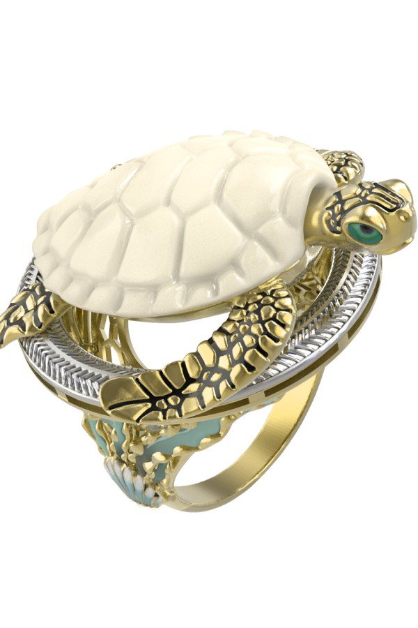 Кольцо из лимонного золота c эмалью и бивнем мамонта