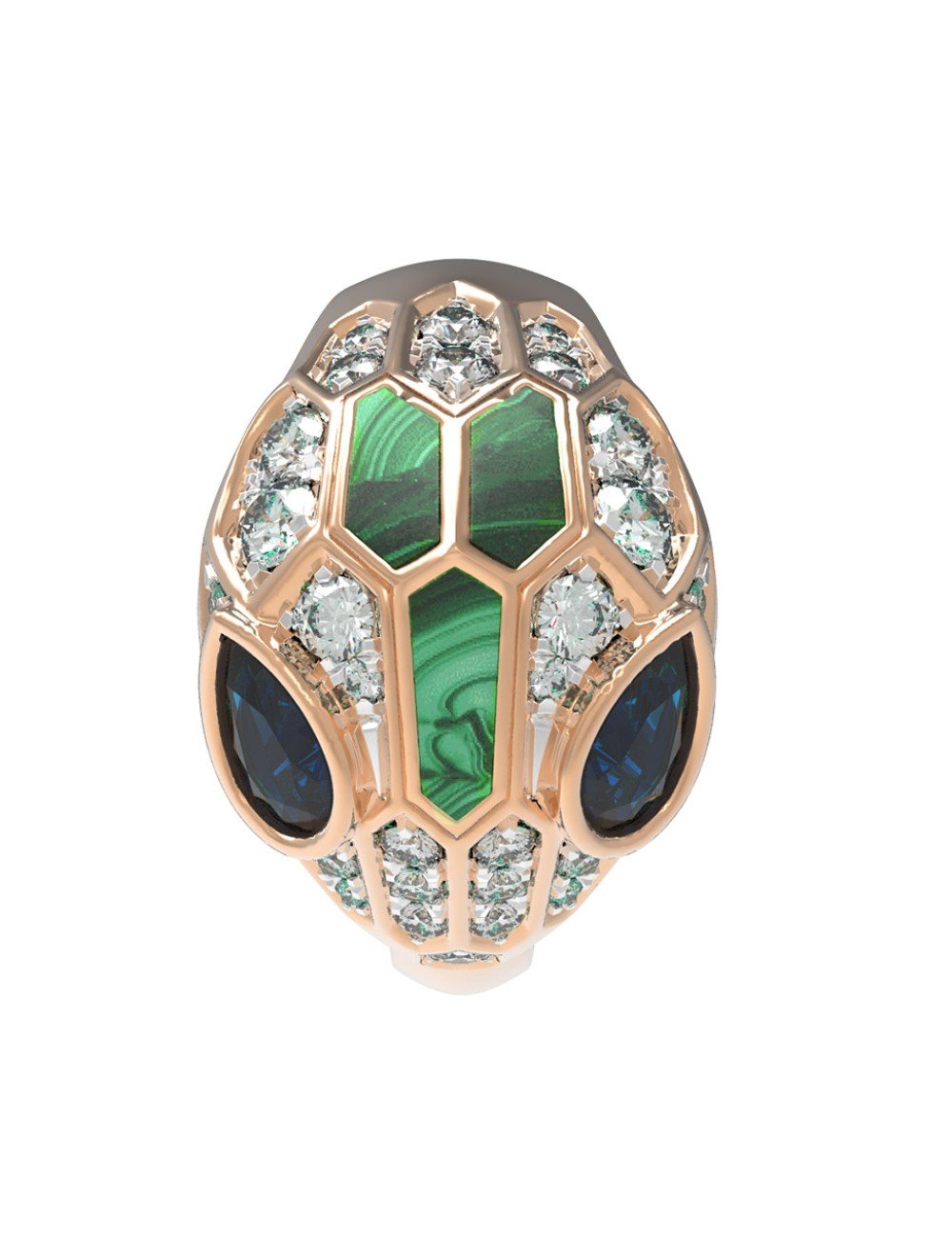 Кольцо из золота c бриллиантами, сапфиром и малахитом