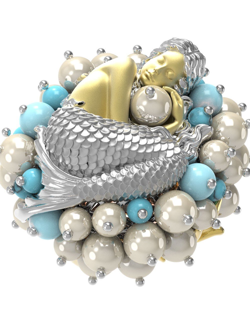 Кольцо из лимонного золота c жемчугом и бирюзой