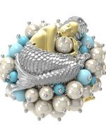 Кольцо из лимонного золота c жемчугом и бирюзой