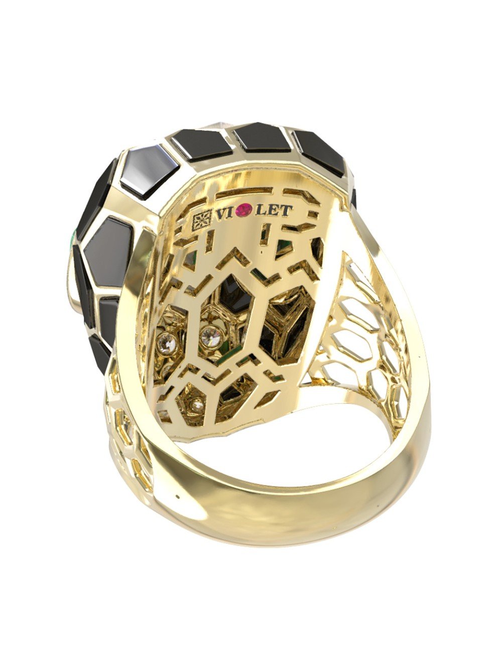 Кольцо из лимонного золота c бриллиантами, рубином, ониксом, малахитом и перламутром