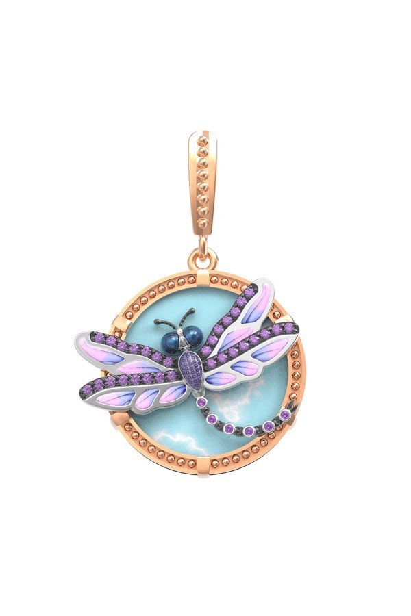 Подвеска из золота c бирюзой, аметистом и эмалью