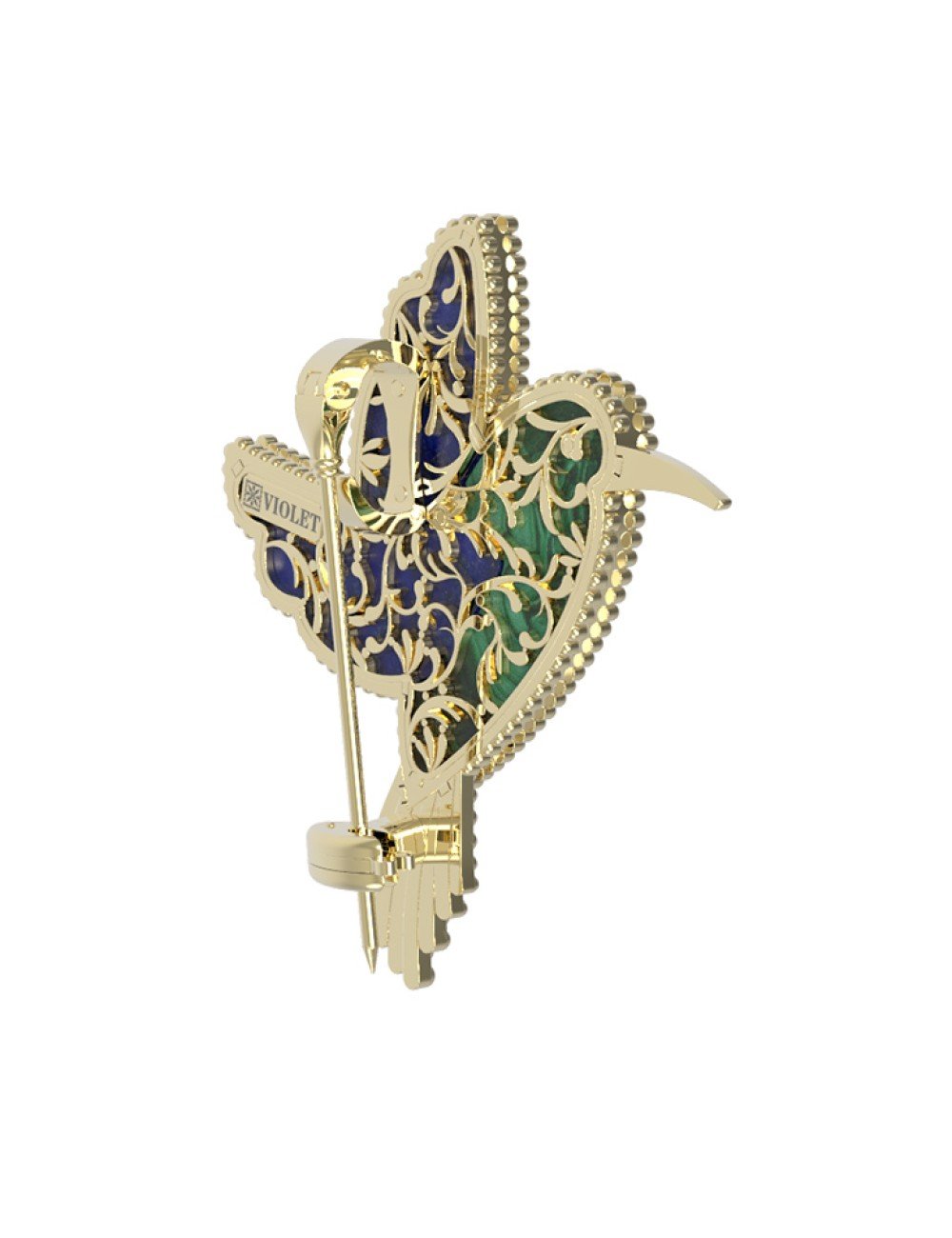 Брошь из лимонного золота c эмалью, лазуритом и малахитом