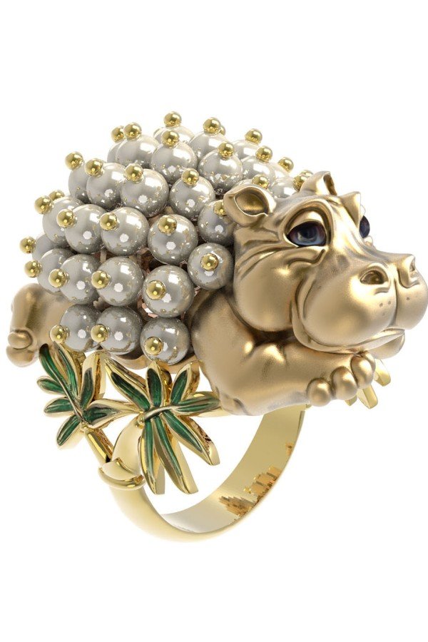 Кольцо из лимонного золота c эмалью и жемчугом