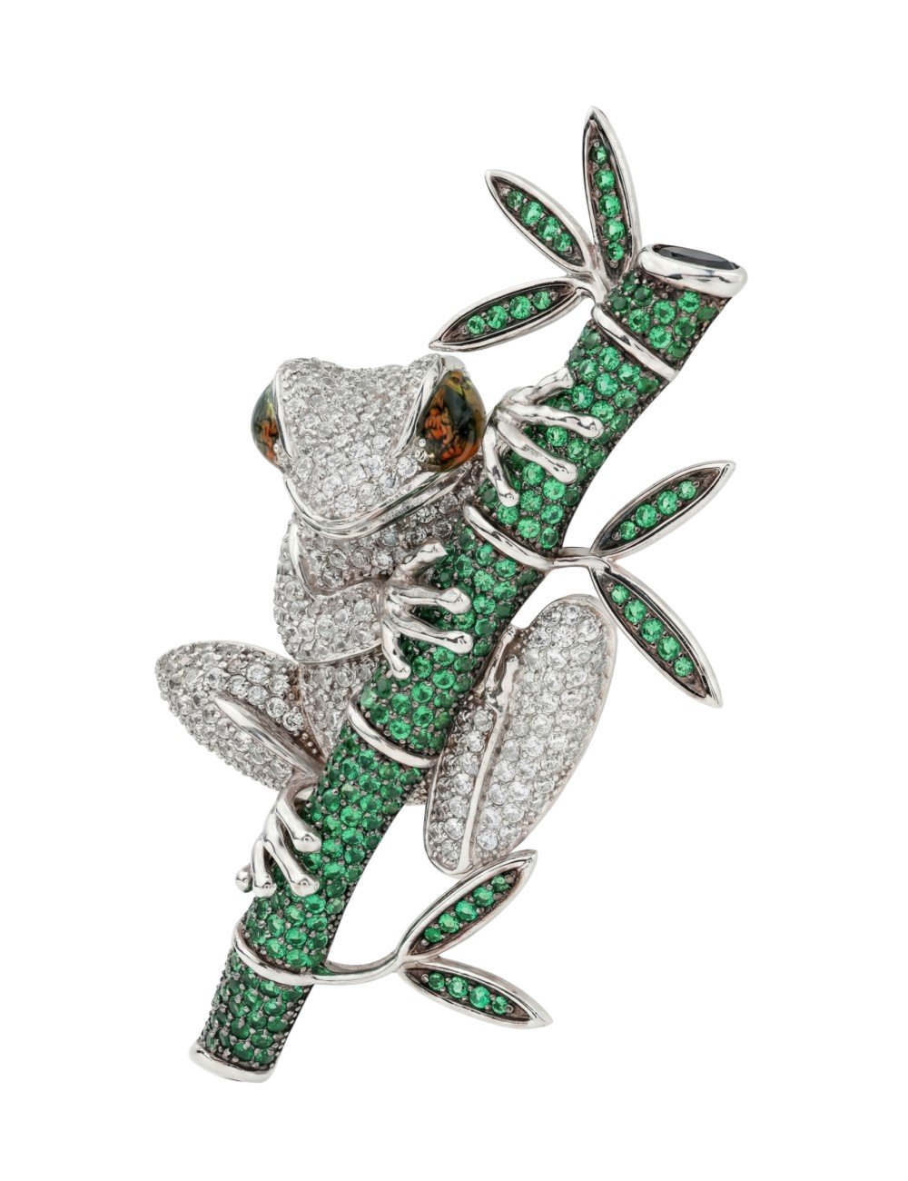 Брошь из белого золота c эмалью, фианитом и дымчатым кварцем