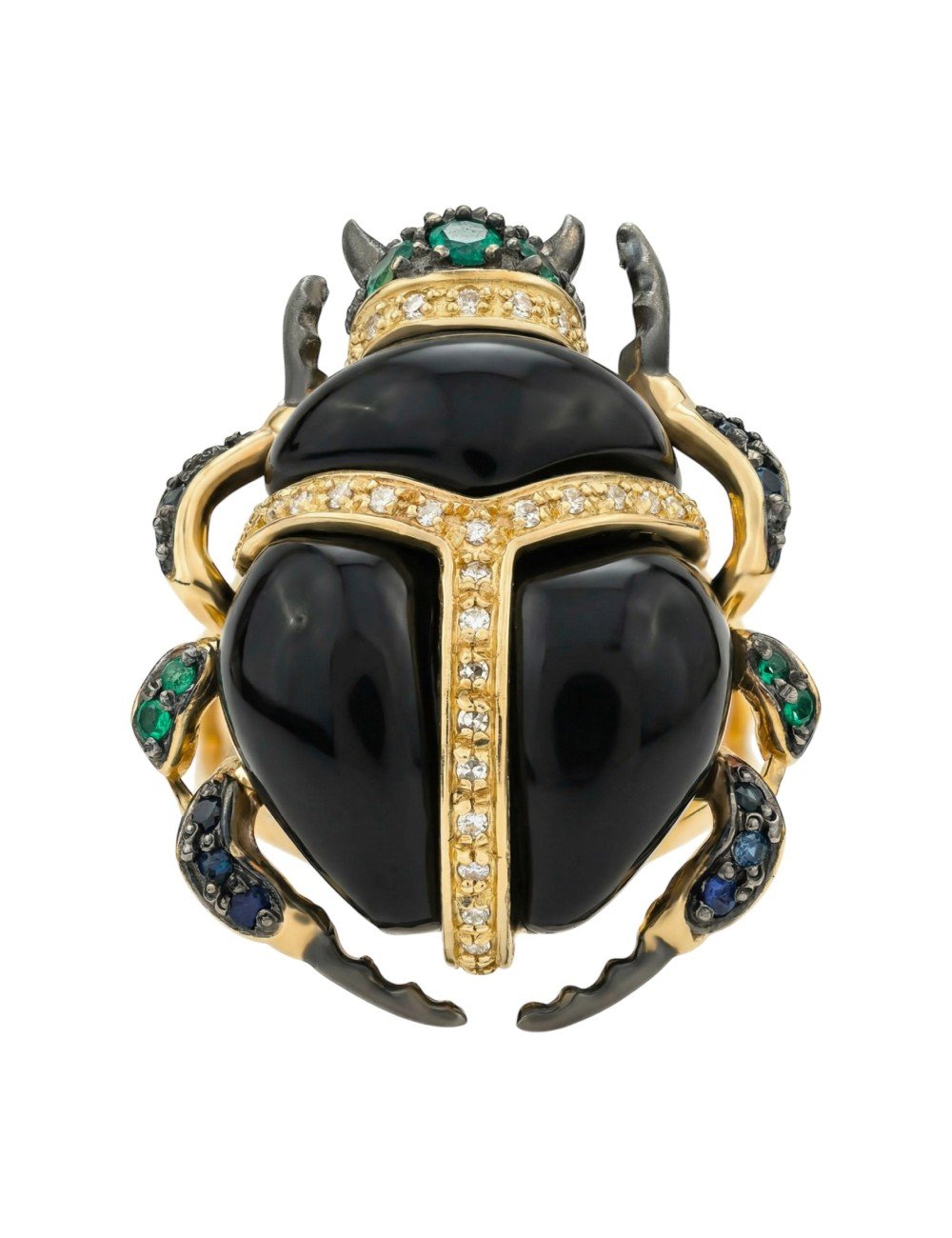 Кольцо из лимонного золота c бриллиантами, сапфиром, изумрудом и ониксом