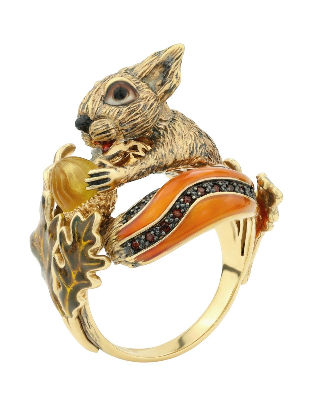 Кольцо из лимонного золота c эмалью, гранатом и янтарём