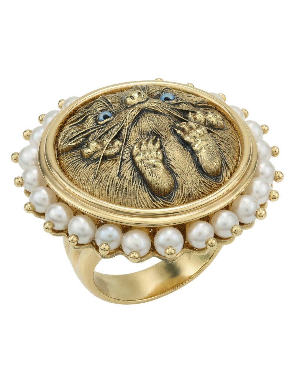 Кольцо из лимонного золота c эмалью и жемчугом