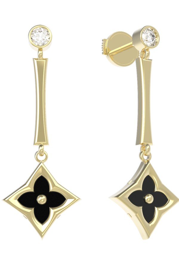 Серьги из лимонного золота c фианитом и ониксом