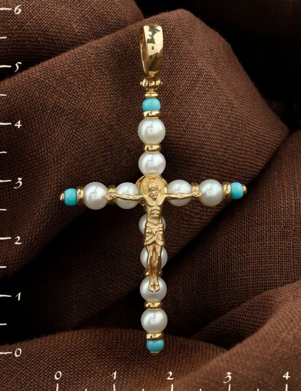Крест из лимонного золота c жемчугом и бирюзой