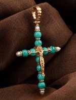 Крест из золота c жемчугом и бирюзой
