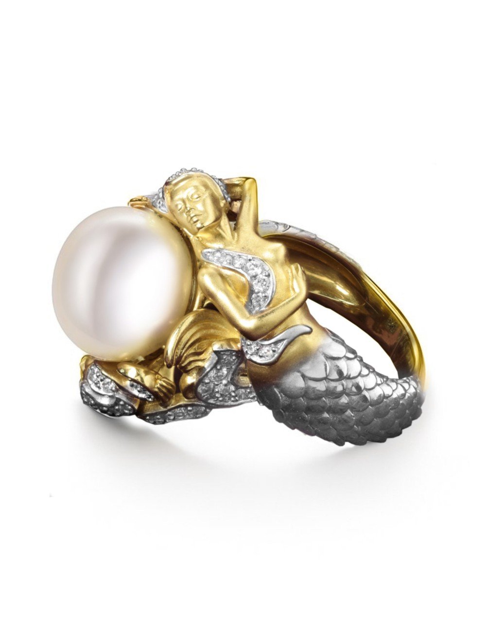 Кольцо из лимонного золота c бриллиантами и жемчугом