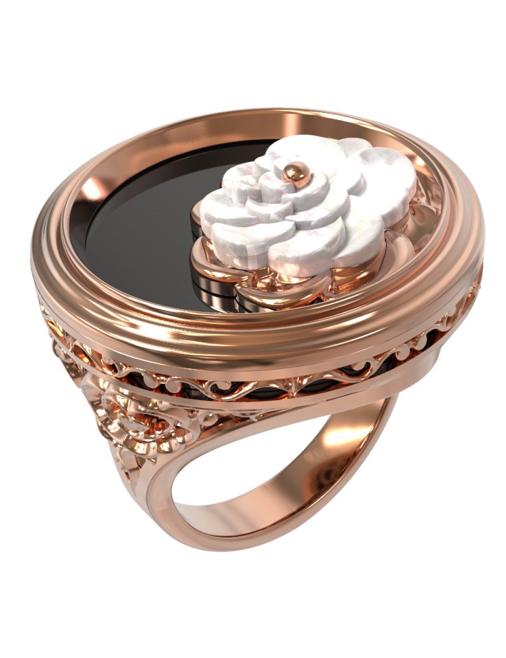 Кольцо из золота c ониксом и перламутром