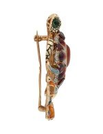 Брошь из золота c эмалью, фианитом, гранатом и янтарём