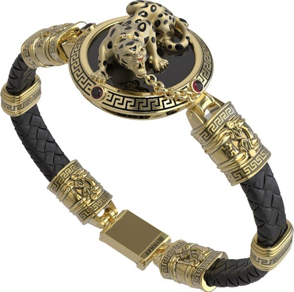 Браслет из лимонного золота c эмалью, шнурком, ониксом и рубином