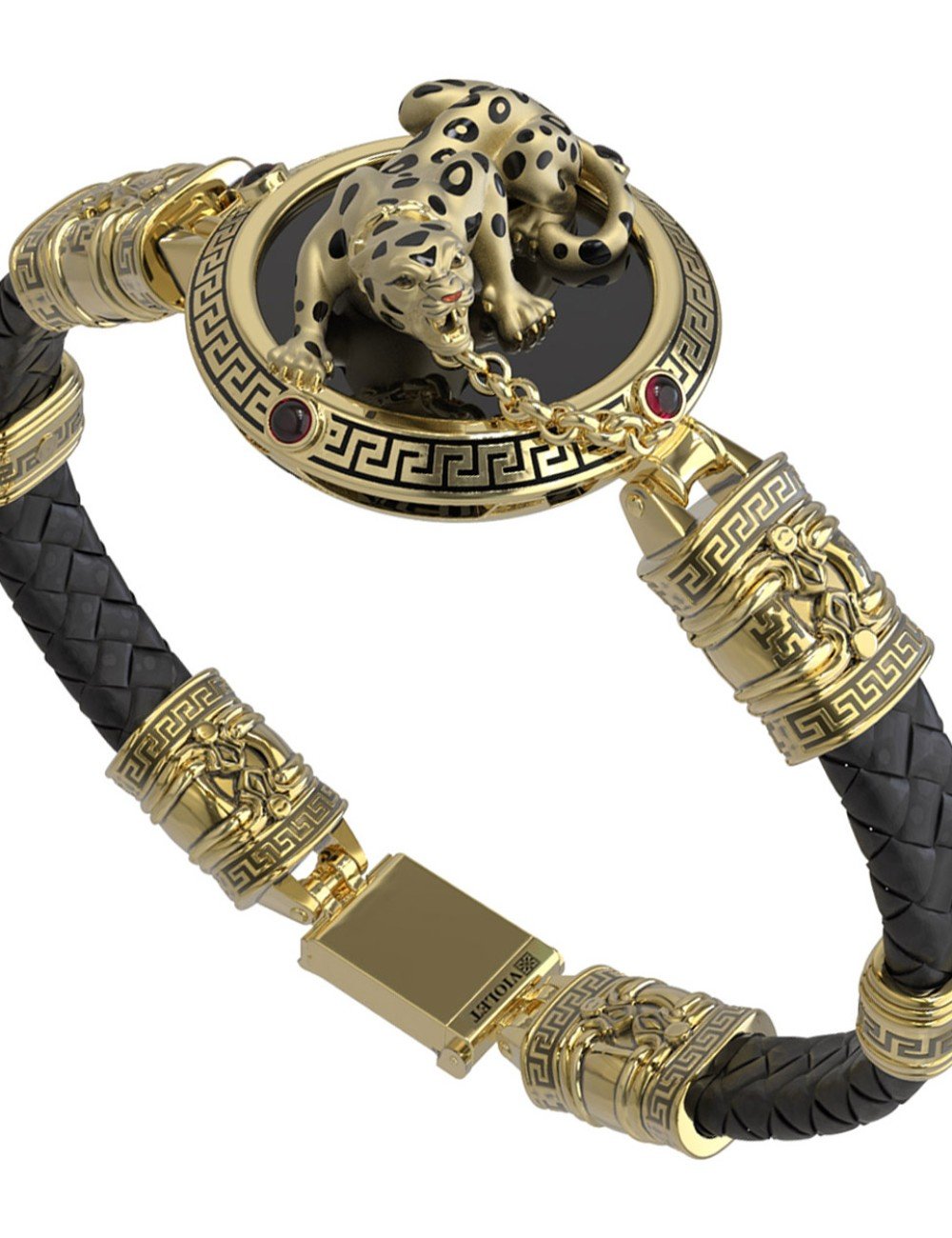 Браслет из лимонного золота c эмалью, шнурком, ониксом и рубином