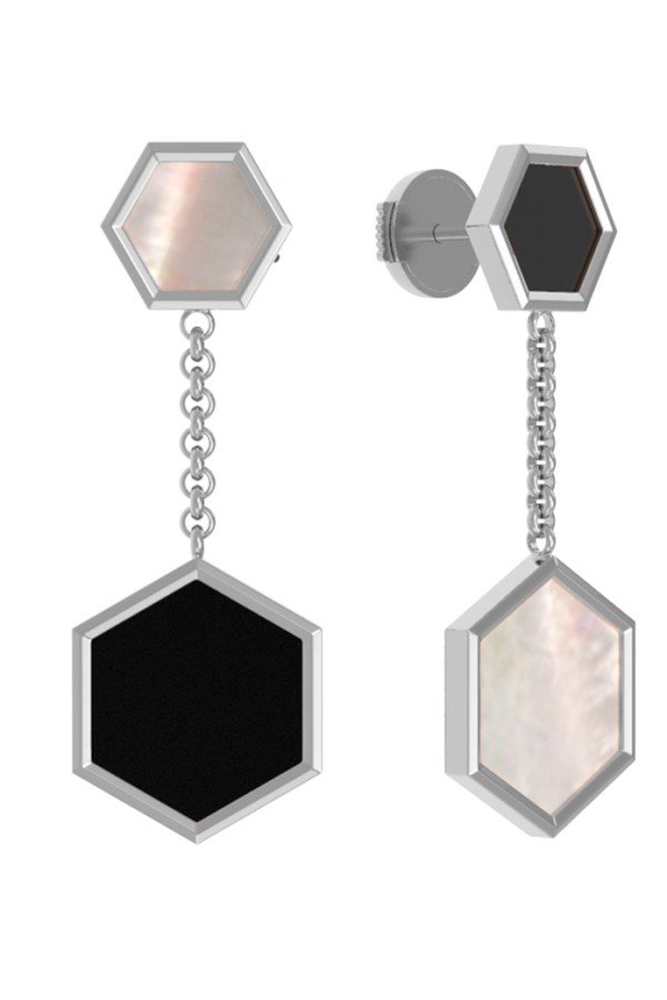 Серьги из белого золота c ониксом и перламутром