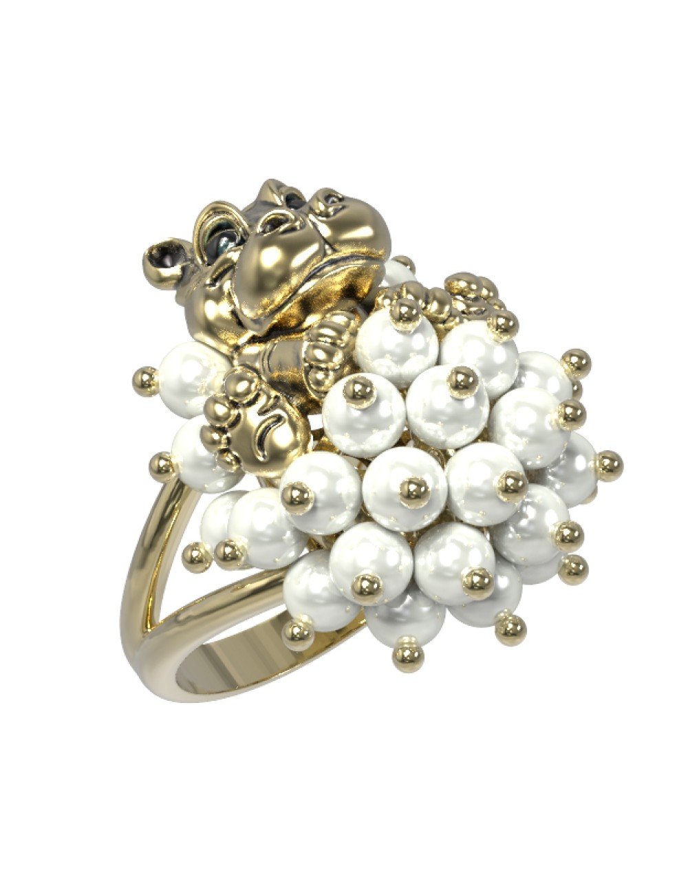 Кольцо из лимонного золота c эмалью и жемчугом