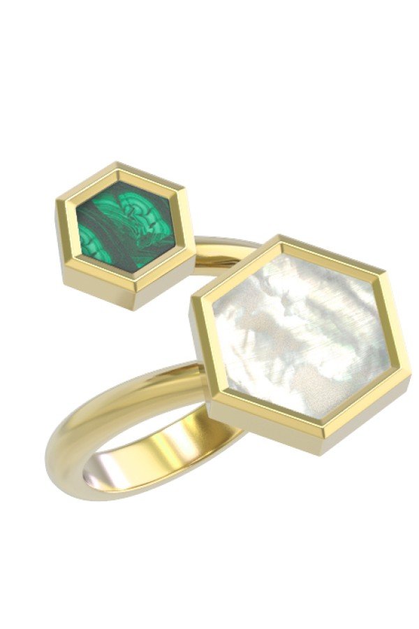 Кольцо из лимонного золота c малахитом и перламутром
