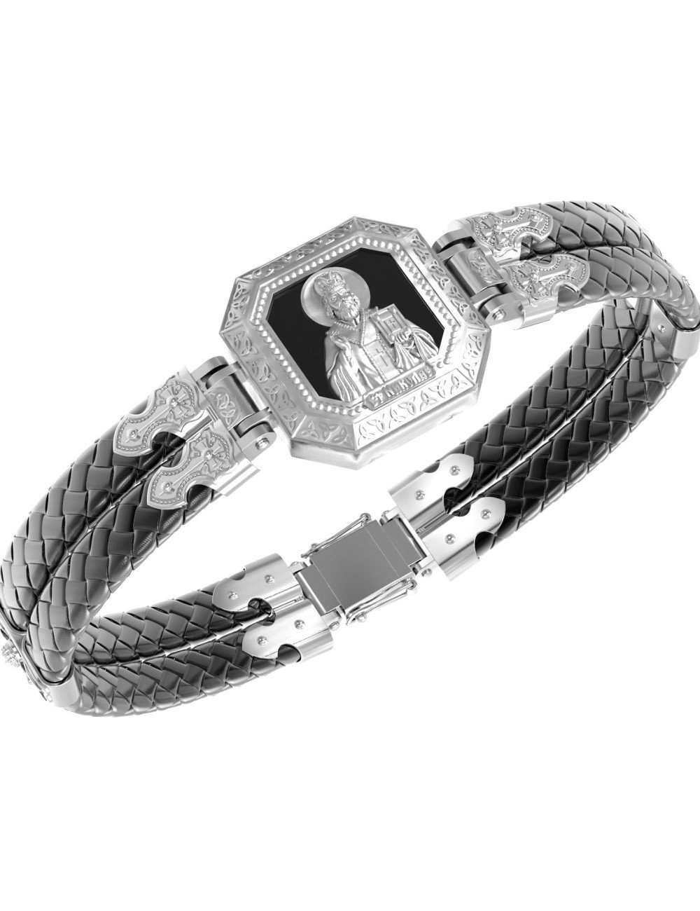 Браслет из белого золота c шнурком и ониксом