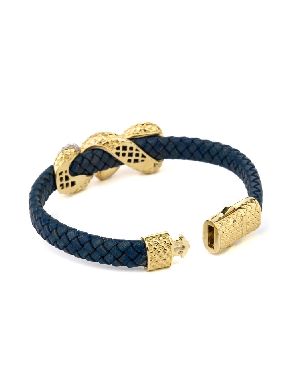 Браслет из лимонного золота c бриллиантами, изумрудом и кожаным шнурком