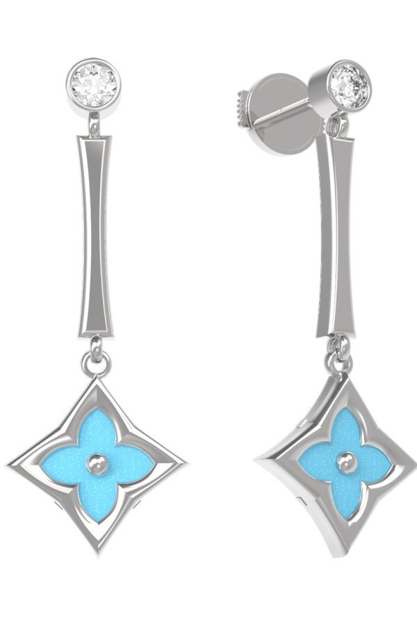 Серьги из белого золота c фианитом и бирюзой
