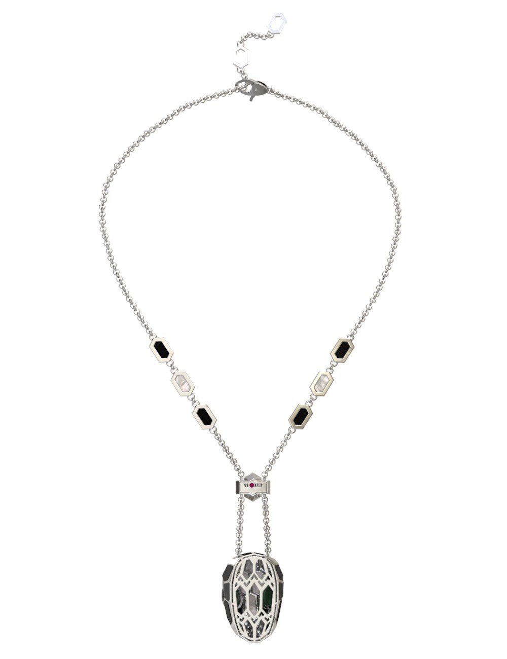 Колье из белого золота c бриллиантами, рубином, ониксом, малахитом и перламутром