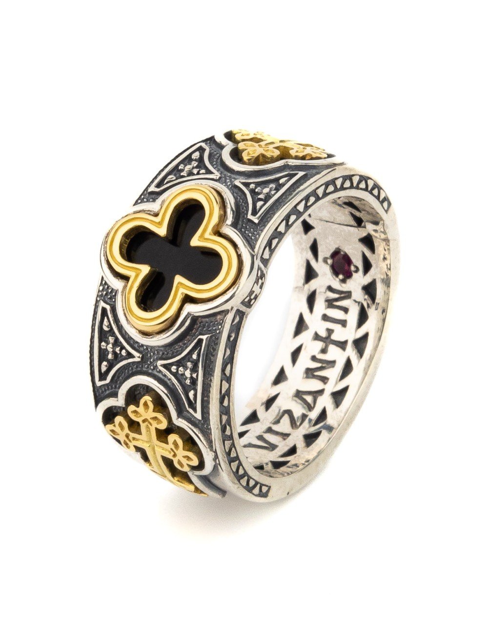 Кольцо из серебра и золота c ониксом и рубином