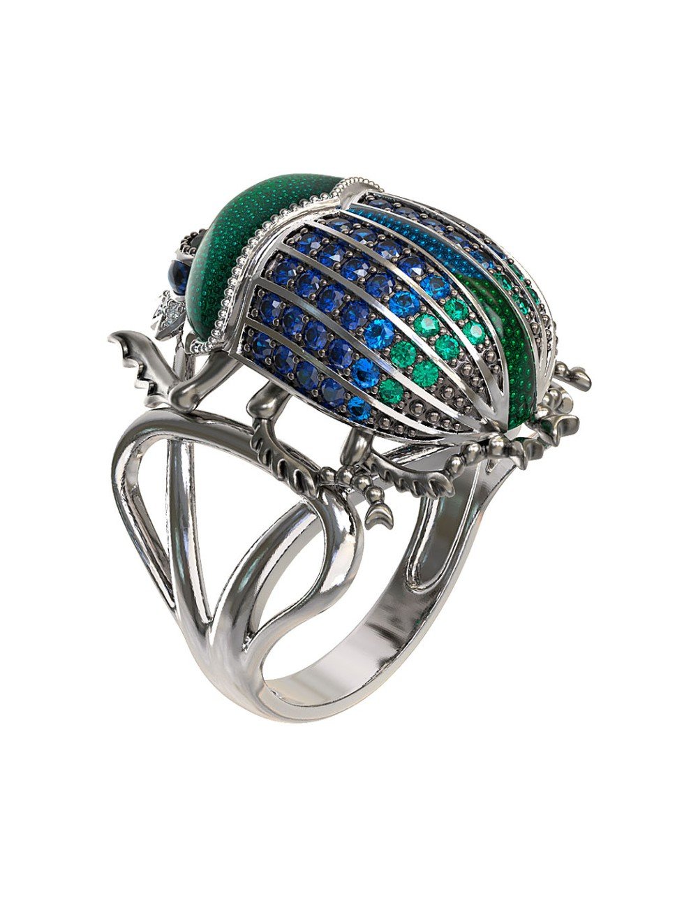 Кольцо из белого золота c эмалью, фианитом и сапфиром