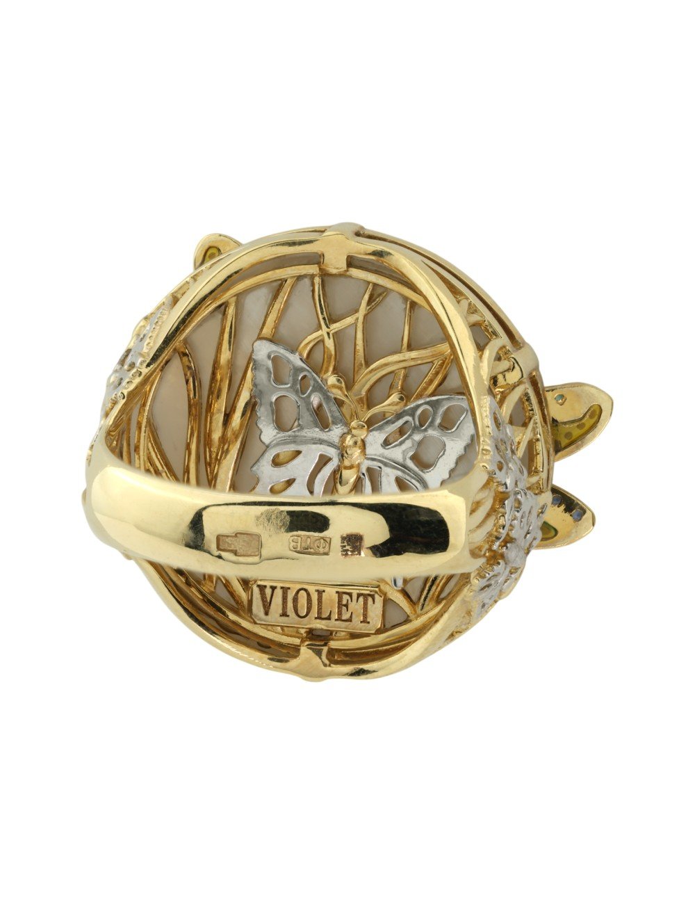 Кольцо из лимонного золота c сапфиром, изумрудом, эмалью и перламутром