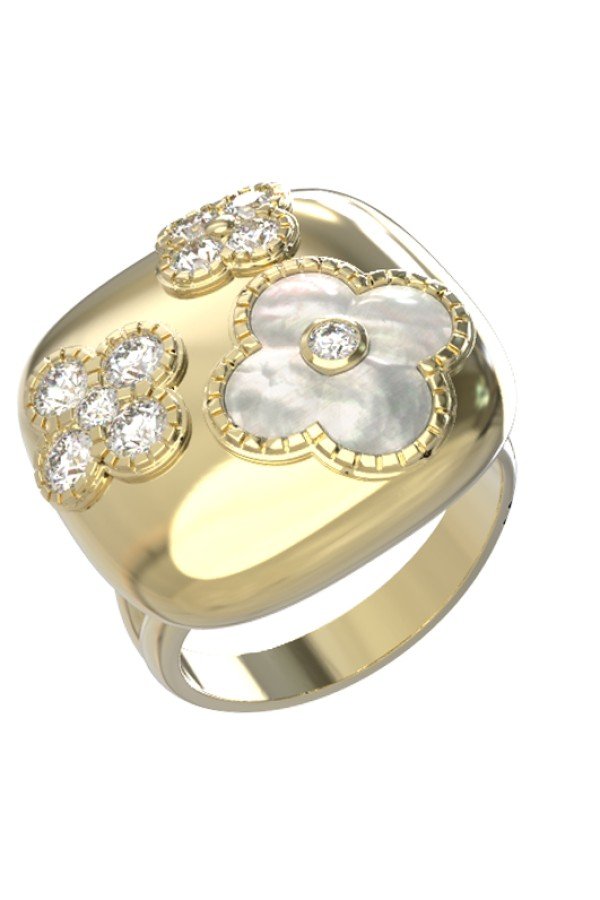 Кольцо из лимонного золота c бриллиантами и перламутром