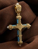 Крест из лимонного золота c жемчугом и бирюзой
