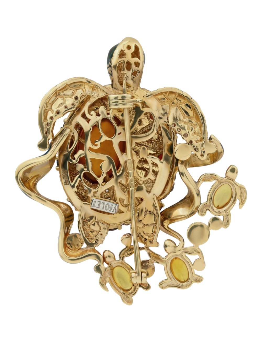 Брошь из лимонного золота c эмалью, фианитом, гранатом и янтарём