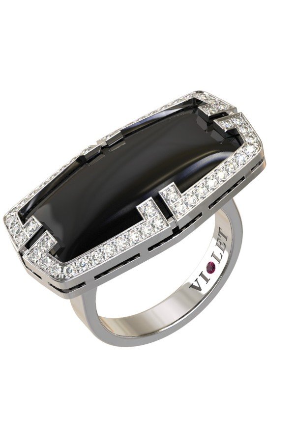 Кольцо из белого золота c бриллиантами, рубином и ониксом